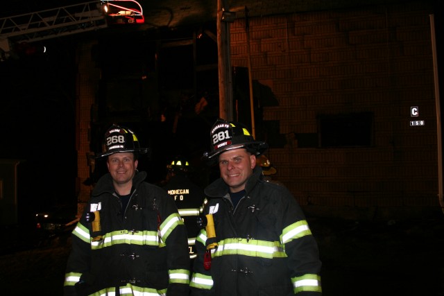 Firefighters Ray Calore and Chris Honey Pause For A Great Picture While Battling A Structure Fire At The Former Croton Egg Farm