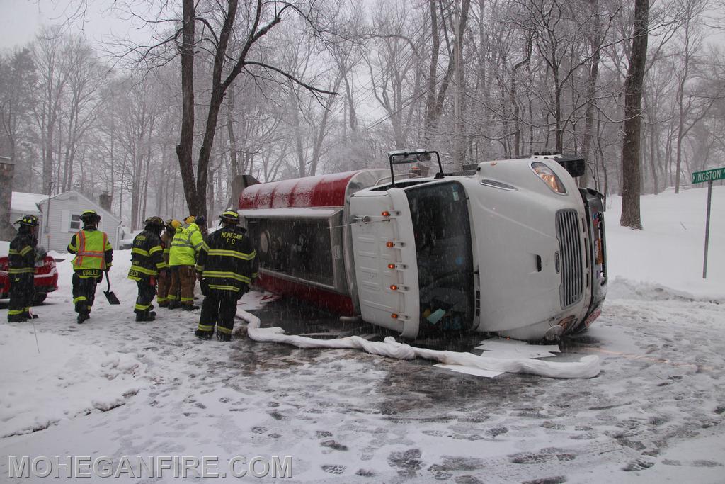 Mohegan FD operate in snowstorm at Oil Truck Rollover with Active Leak on Kingston Ave 2/22/21 