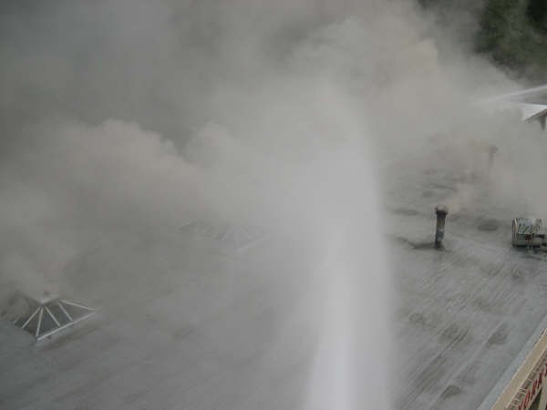 Water Flowing from the Top of L35's Aerial at Yorktown Autobody Fire