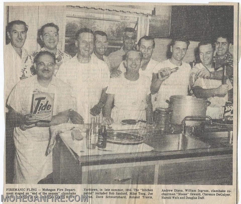 Here is a newspaper clipping photo found of mostly members of Mohegan FD at an “end of the season” clambake held at the American Legion Hall in Yorktown in the late summer of 1956!
