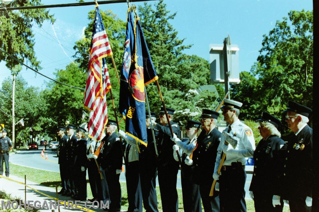 Mohegan & Yorktown FD Color Guard at a Memorial next to the Hart Library in Shrub Oak