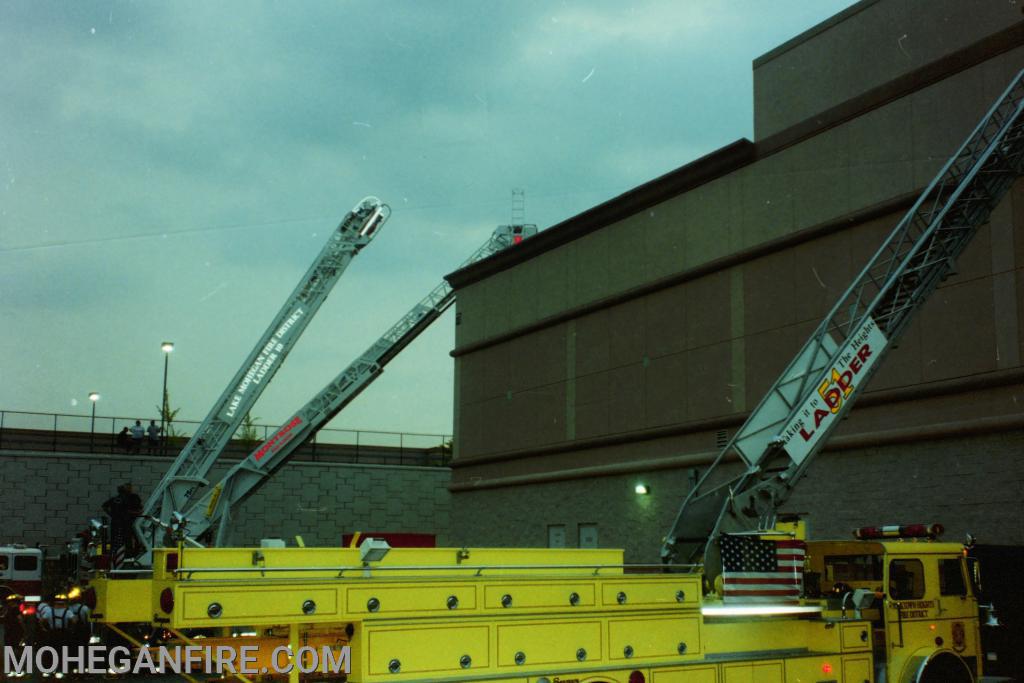 Mutual Aid Ladder Drill at the Cortlandt Town Center. Yorktown Ladder 51, Mohegan Ladder 10 in the middle and Montrose Tower Ladder 8 on the other end