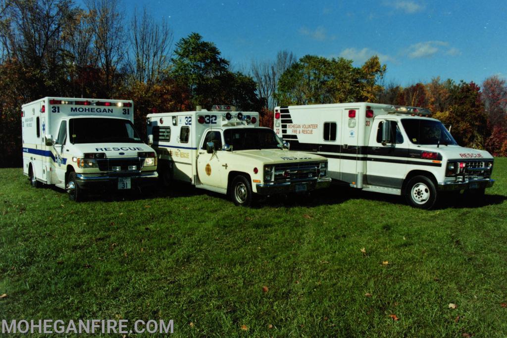 Before switching to the Ambulance Corps we were a Rescue Squad. Pictured is  Rescue 31 a Ford/E-One, Rescue 32 a Chevy/Swab and Rescue 33 a Ford/Horton.