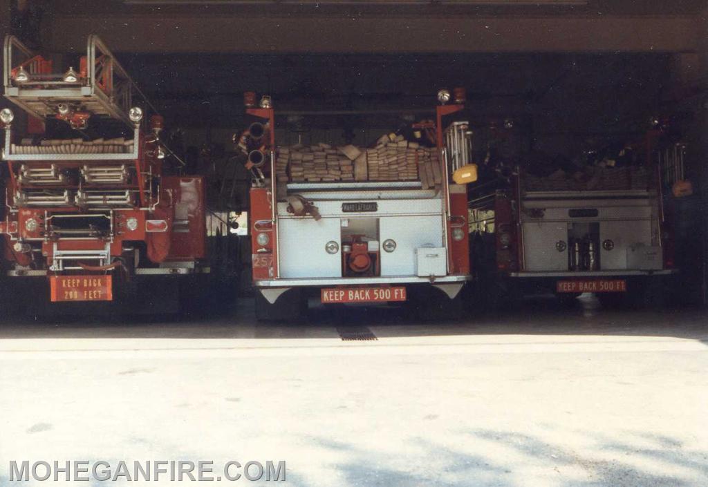 The rear of headquarters was use to be home to 3 apparatus is now home to 2. Left to right Then Quad 10 aka (ladder 10)  Engines 256 and 257. Photo by Joe Ellman 