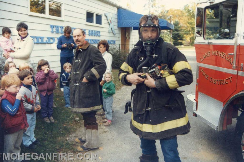 Then Firefighter Don McCoskey andThen Lt Wolert now Deputy Chief at fire prevention at the former Flying goose school on Oregon RD. Photo by Joe Ellman